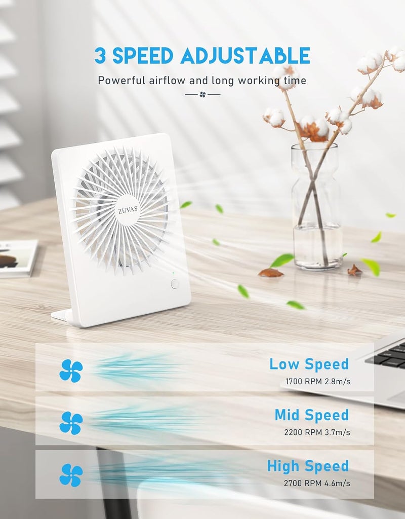 Zuvas Desk Fan Battery Operated Fan Rechargeable 180°Tilt Folding Personal Fan Ultra Quiet Small Portable 3 Speed Adjustable Strong Wind Fan For Office Bedroom Home Desktop Camping (White) - Image 3